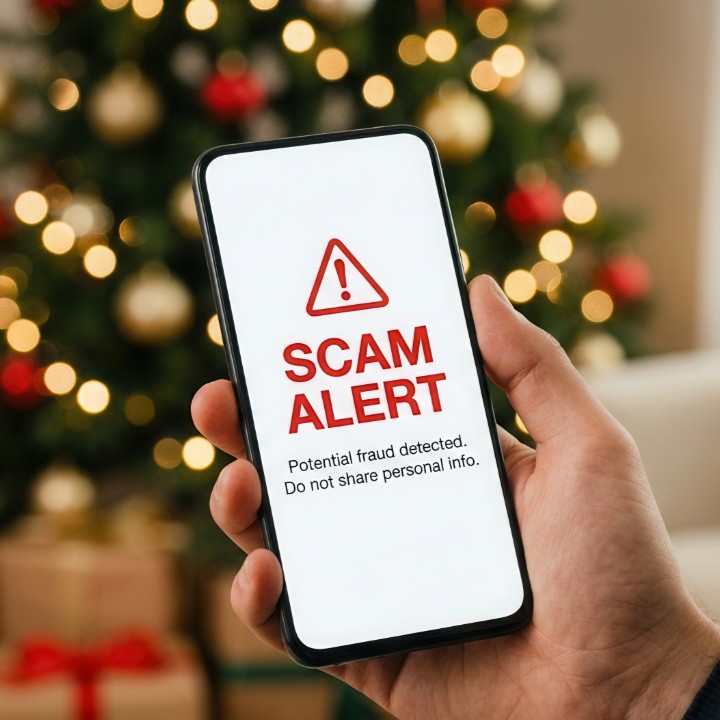 Close up shot of phone in hand showing a scam alert with holiday tree and presents in background