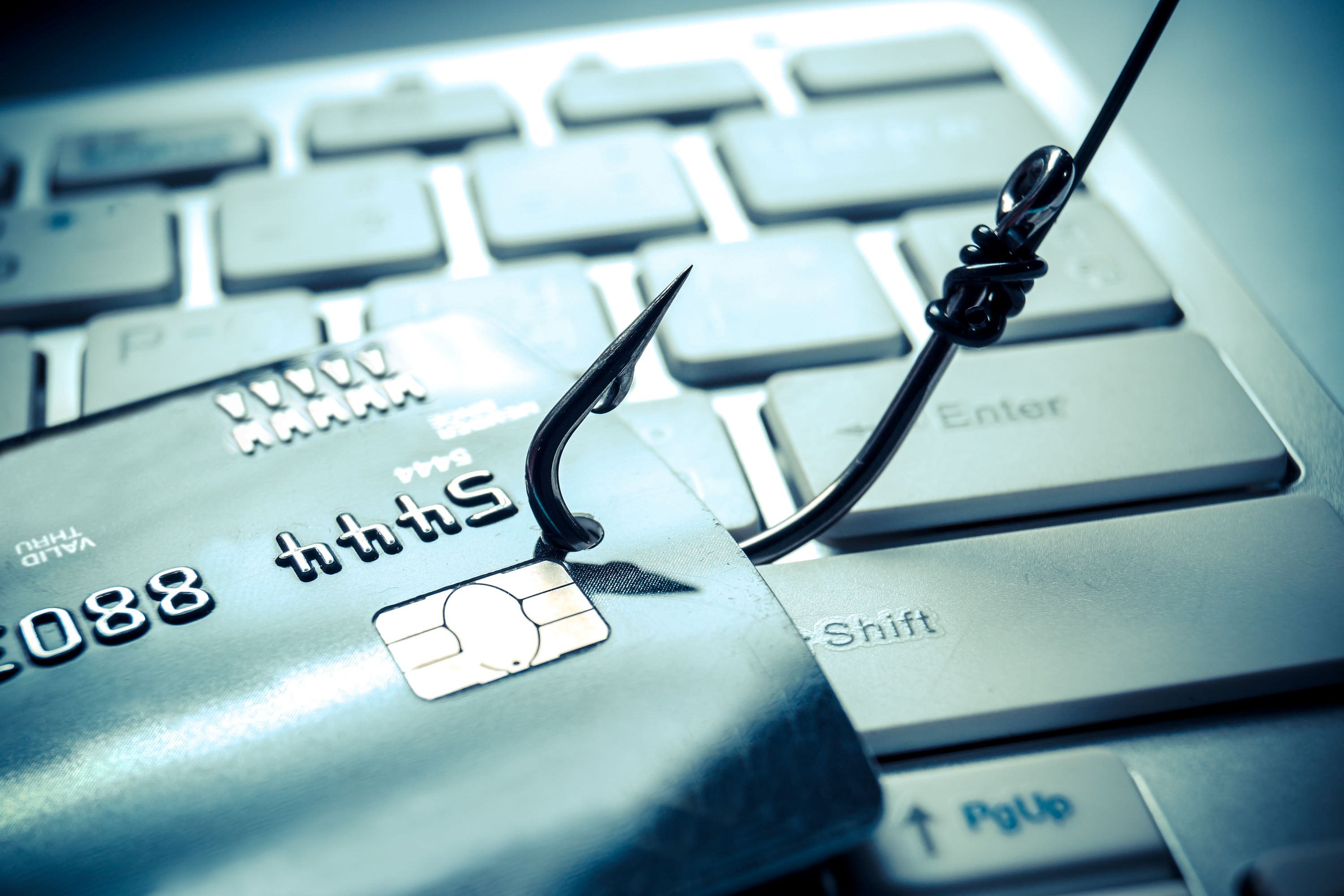 photo of fishing hook through a credit card over a keyboard