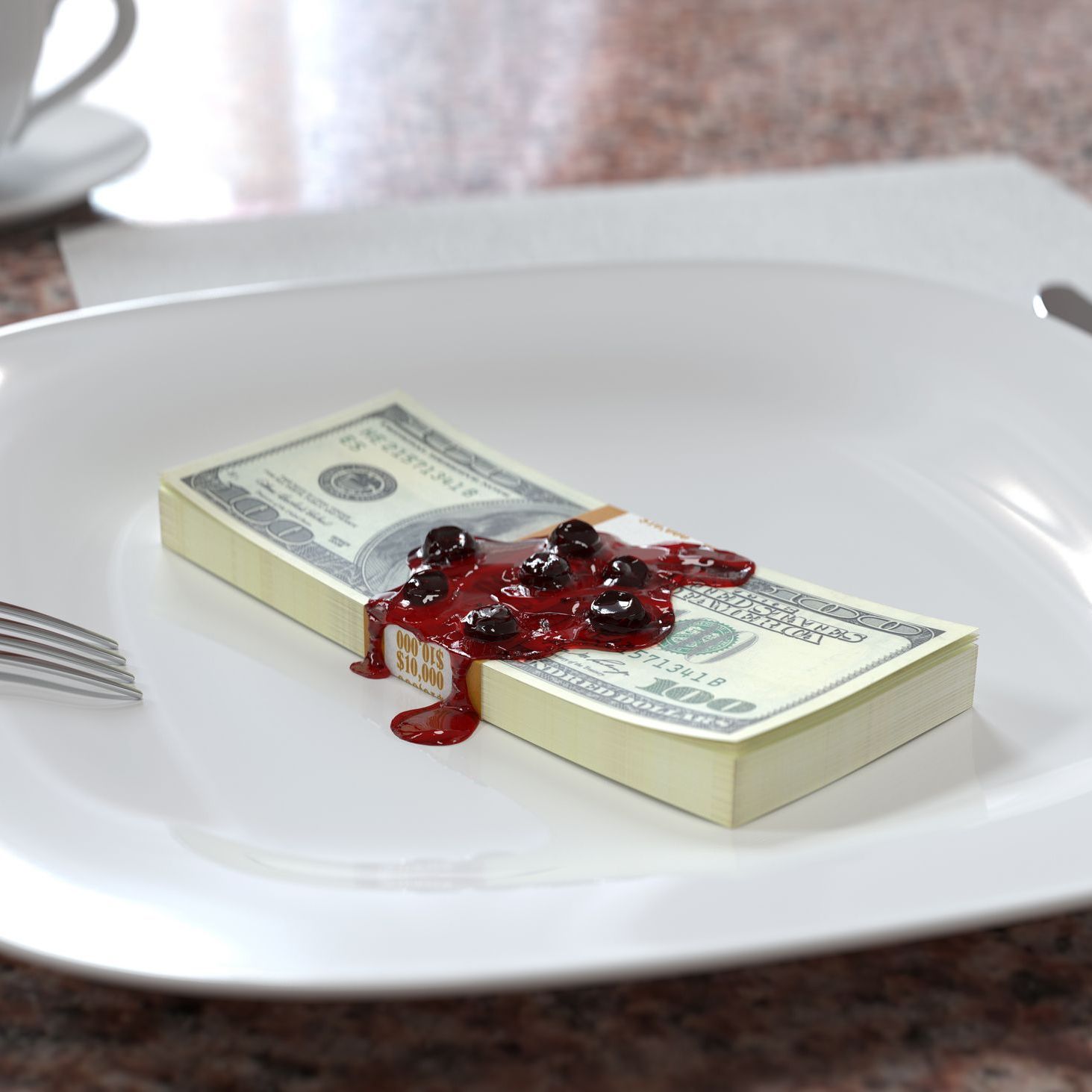Stack of $100 bills topped with berry sauce on a white plate, served like dessert with a fork and knife.