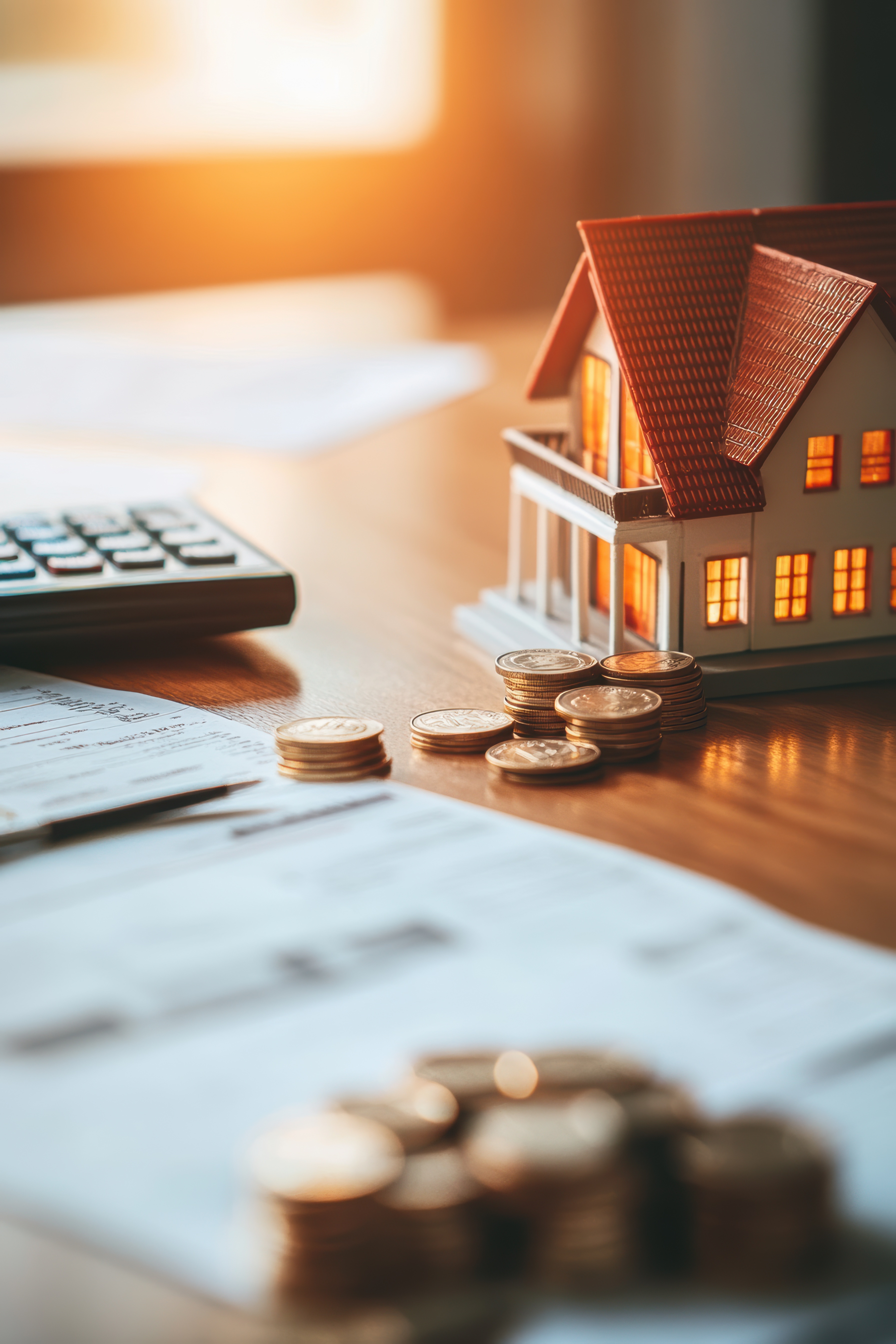 Toy house with pennies, paperwork and a calculator