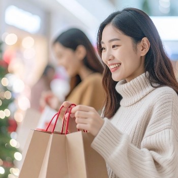 Woman Shopping in Mall with Christmas Decorations. 