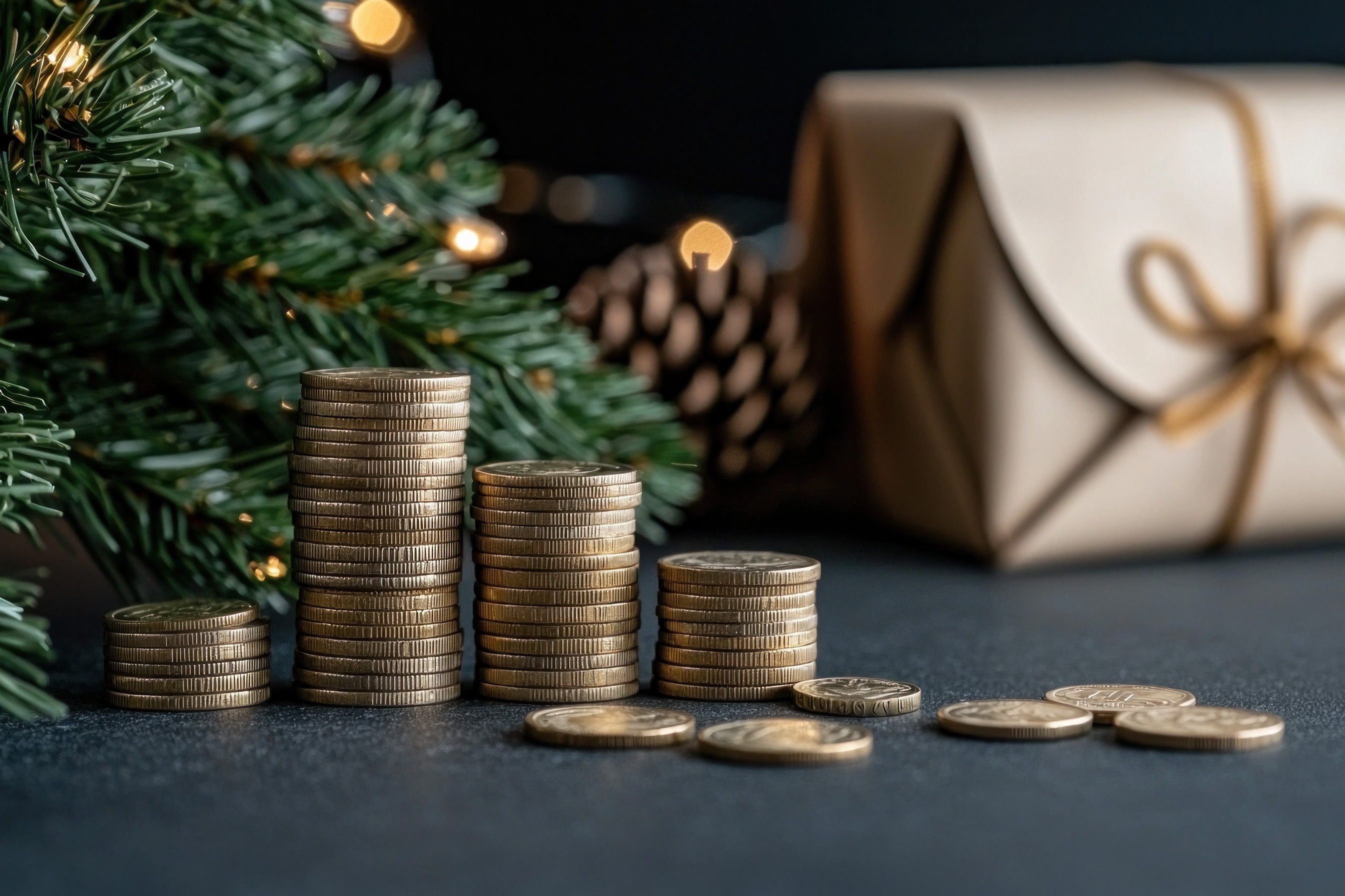 Coins stacked in front of holiday decor
