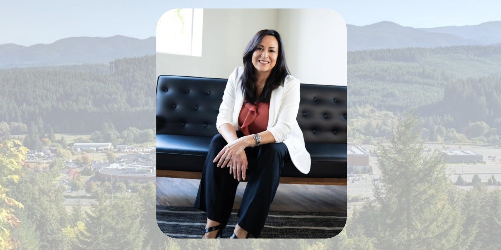 birds eye view of campus of Spirit Mountain Casino with photo of CEO overlayed on right hand side