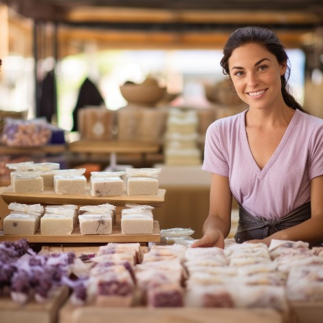 Happy smiling woman working at a handmade soap stand at farmers market