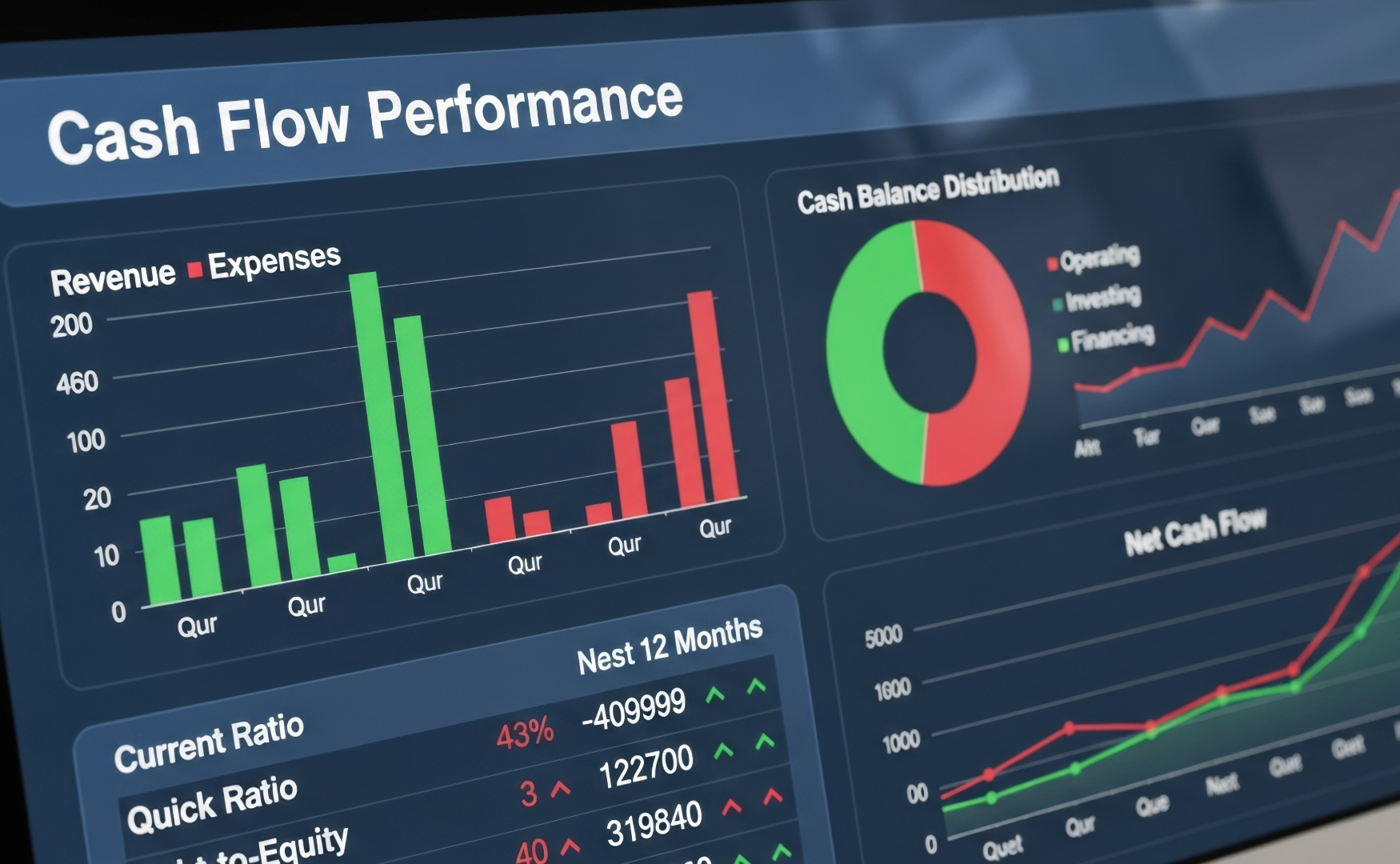 Tight shot of computer screen showing cash flow indicators such as revenue and expenses graphs