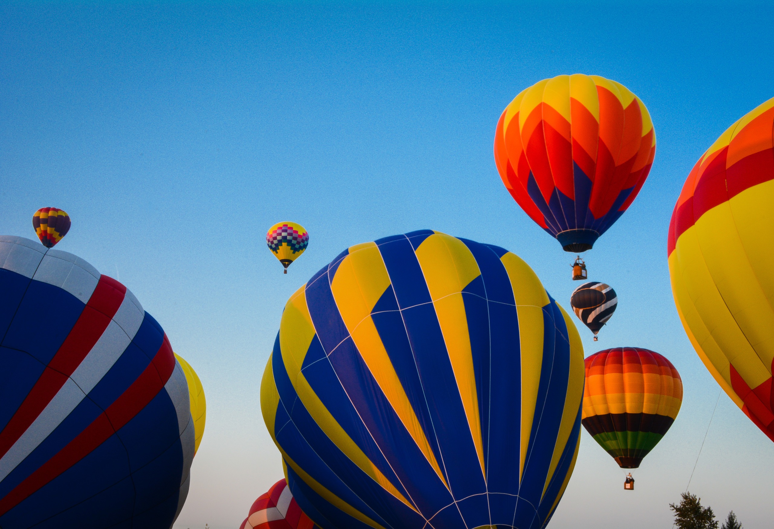 Upward view of several air ballons in the sky at various heights